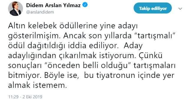 Altın Kelebek Ödülü için aday gösterilen Didem Arslan Yılmaz'dan dikkat çeken çıkış!