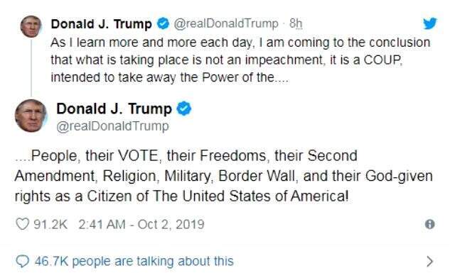 Donald Trump, hakkındaki görevden alma soruşturmasının darbe olduğunu söyledi