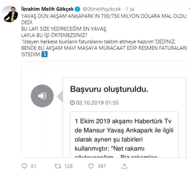 Mansur Yavaş 'Ankapark'ın maliyeti 700-750 milyon dolar' dedi! Melih Gökçek fatura istedi