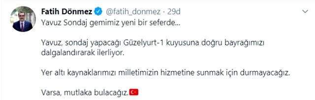 Bakan Dönmez: Yavuz sondaj gemisi Güzelyurt-1 kuyusuna doğru ilerliyor