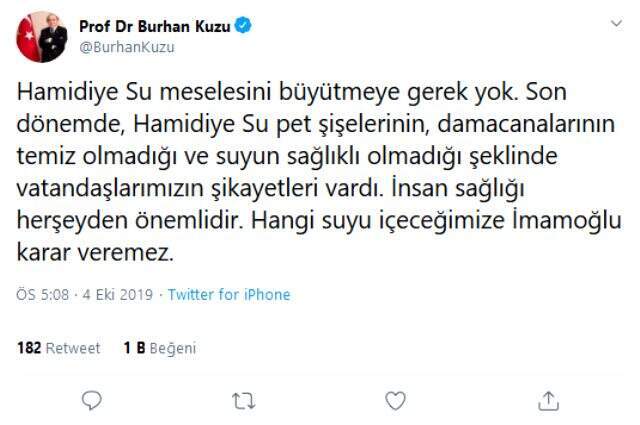 Burhan Kuzu 'Hamidiye Su sağlıklı değil' dedi sosyal medyada tepki gördü