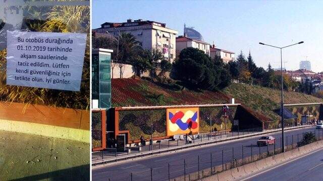 Taciz edildiği durağa kadınları uyarmak için yazılı afiş astı