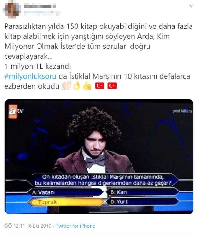 1 milyonluk soruyu cevaplayan Arda Ayten, yarışma sırasında söylediği sözle takdir topladı