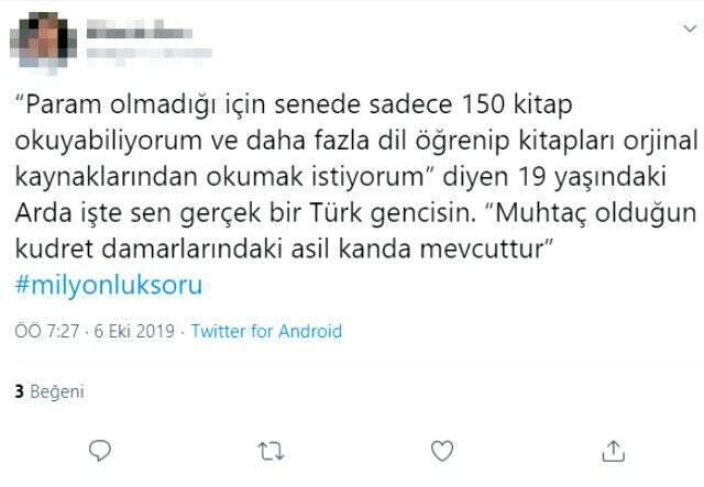 1 milyonluk soruyu cevaplayan Arda Ayten, yarışma sırasında söylediği sözle takdir topladı