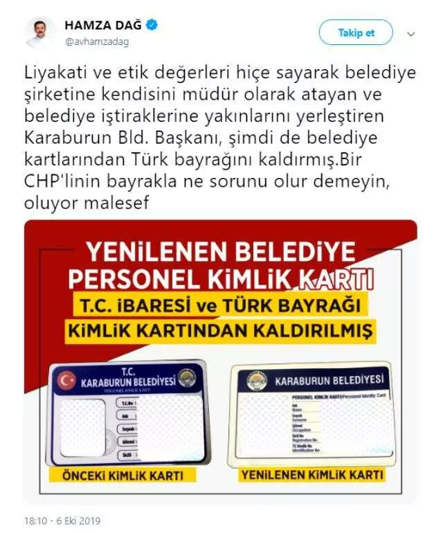 CHP'li belediye yeni personel kimlik kartlarında Türk bayrağını ve T.C. ibaresini kaldırdı
