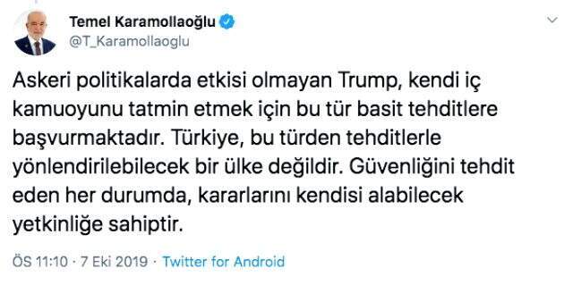 Muhalefetten Trump'ın Türkiye tehdidine tepki: Türkiye tehdide boyun eğmemiştir ve eğmeyecektir