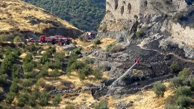Bakras Kalesi'nde çıkan yangına havadan müdahale Bakras Kalesi'nde çıkan yangına havadan müdahale