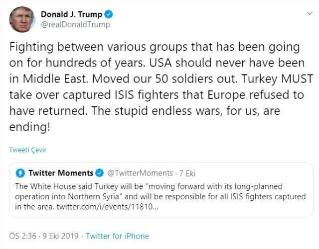 Son Dakika: ABD Başkanı Trump: Türkiye tutuklu DEAŞ'lıların sorumluluğunu üstlenmeli