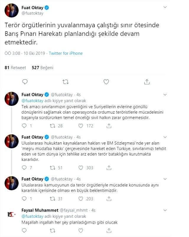 Cumhurbaşkanı Yardımcısı Fuat Oktay: Harekat planlandığı şekilde devam etmektedir