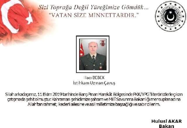 Son dakika: Barış Pınarı Harekatı'nda 1 asker şehit
