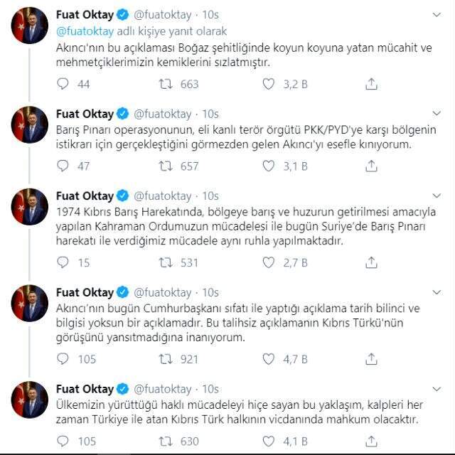 Cumhurbaşkanı Yardımcısı Fuat Oktay'dan KKTC Cumhurbaşkanı'na kınama mesajı