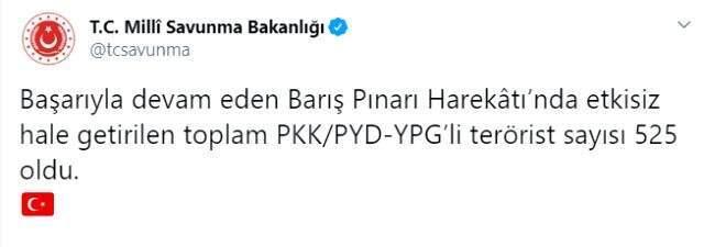 Son dakika: Milli Savunma Bakanlığı, Barış Pınarı Harekatı'nda 525 teröristin etkisiz hale getirildiğini açıkladı