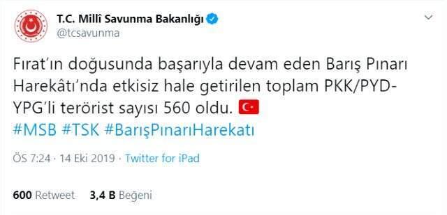 Son dakika: Barış Pınarı Harekatı'nda 560 terörist etkisiz hale getirildi