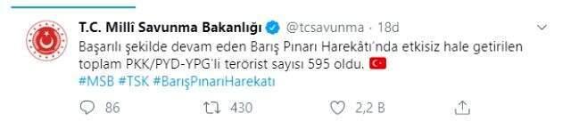 MSB: Barış Pınarı Harekâtı'nda etkisiz hale getirilen toplam PKK/PYD-YPG'li terörist sayısı 595 oldu