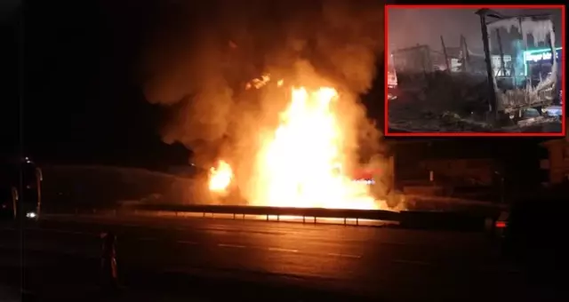 Bariyerlere çarpan tır alev alev yanarak küle döndü Bariyerlere çarpan tır alev alev yanarak küle döndü