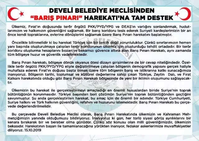 Develi Belediye Meclisinden barış pınarı harekâtına tam destek Develi Belediye Meclisinden barış pınarı harekâtına tam destek