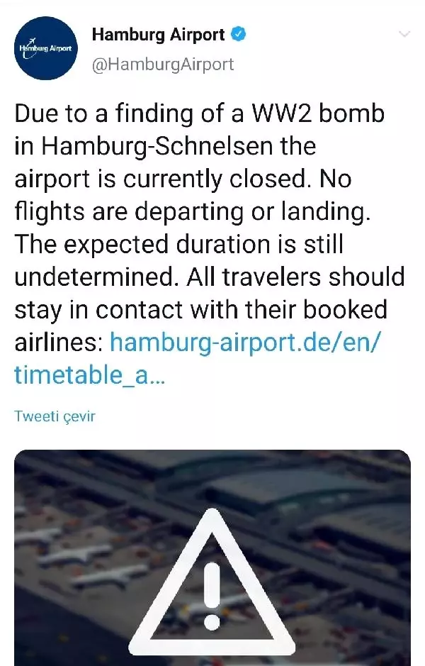 Hamburg Havalimanı'nda 2. Dünya Savaşı'ndan kalma bomba bulundu