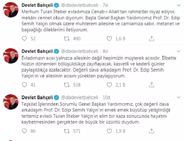 Bahçeli'den oğlunu kaybeden Semih Yalçın'a taziye mesajı Bahçeli'den oğlunu kaybeden Semih Yalçın'a taziye mesajı