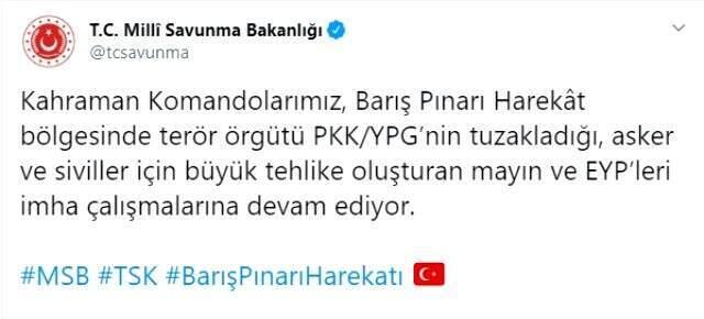 Barış Pınarı Harekatı bölgesinde mayın ve EYP'leri imha çalışmaları sürüyor