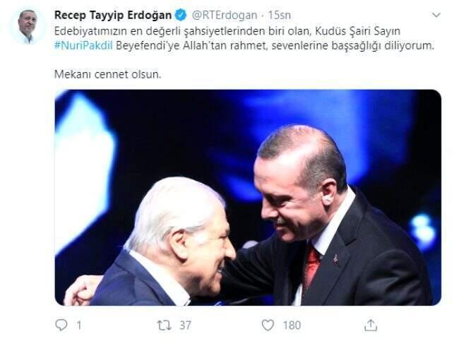 Cumhurbaşkanı Erdoğan'dan hayatını kaybeden usta yazar Nuri Pakdil paylaşımı