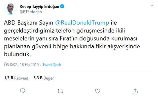 Erdoğan'dan Trump ile yaptığı görüşmeye ilişkin açıklama: Güvenli bölge hakkında fikir alış verişinde bulunduk