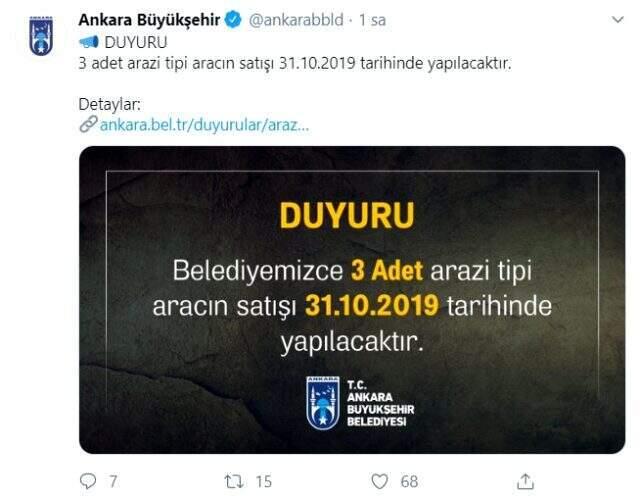 Ankara Büyükşehir Belediyesi, Gökçek döneminde alınan üç cipi satışa çıkardı