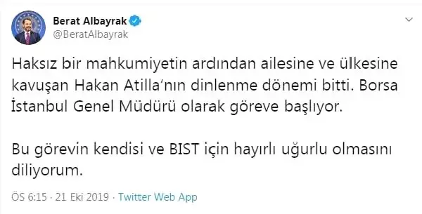 Bakan Albayrak: Hakan Atilla, Borsa İstanbul Genel Müdürü olarak göreve başlıyor