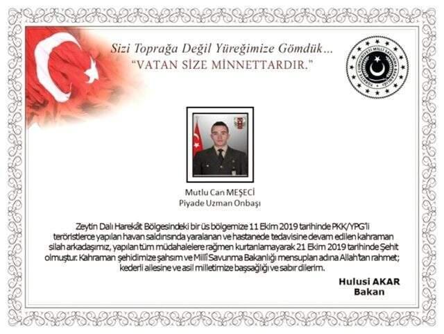 Fırat Kalkanı Bölgesinde yaralanan asker şehit oldu