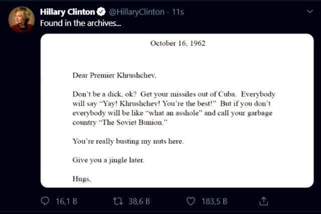Hillary Clinton, Trump'ın Erdoğan'a mektubuyla alay edilen, Kennedy'nin hayali mektubunu Tweet'ledi
