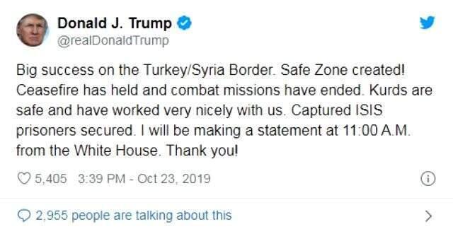 Son dakika: Soçi mutabakatı sonrası Trump'tan Türkiye tweeti: Güvenli Bölge oluşturuldu