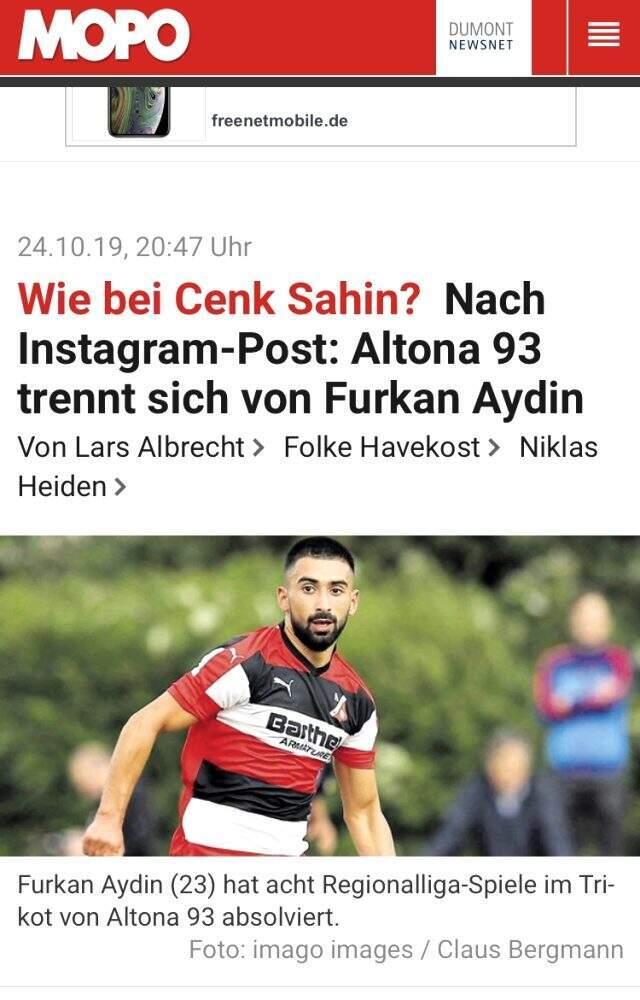 Altona 93 forması giyen Furkan Aydın asker selamı fotoğrafı paylaştığı için takımdan gönderildi