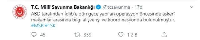 Son Dakika: Milli Savunma Bakanlığı'ndan ABD'nin Bağdadi operasyonuyla ilgili açıklama: Bilgi verildi