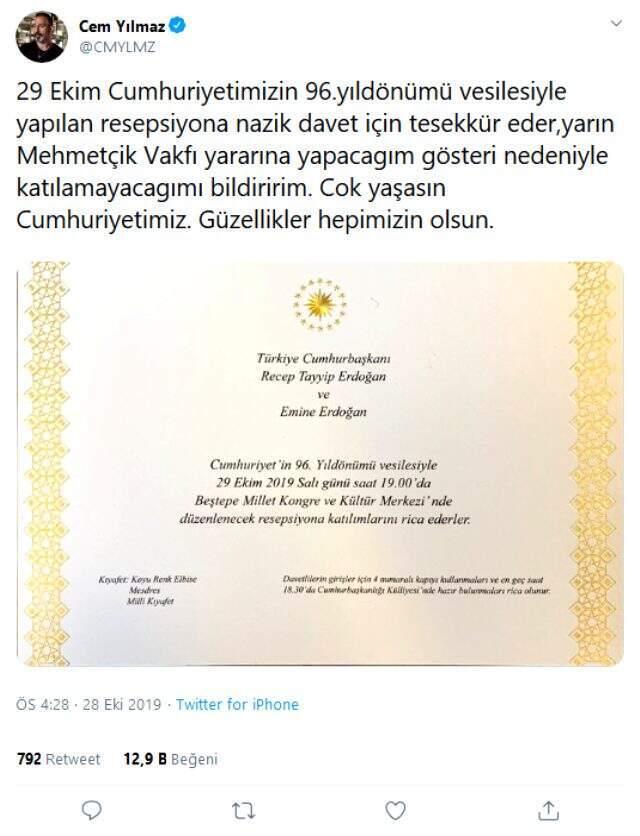 Cem Yılmaz, Cumhurbaşkanlığı'nın davetine gidemiyor: Mehmetçik Vakfı yararına yapacağım gösteri nedeniyle katılamayacağım