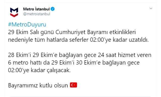 Cumhuriyet Bayramı nedeniyle metro seferleri uzatıldı