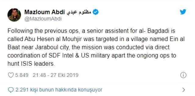 Teröristbaşı Mazlum Kobani DAEŞ Sözcüsü Ebu Hasan el Muhacir'in öldürüldüğünü duyurdu