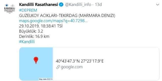 Marmara'da 3.2 büyüklüğünde zerzele alana geldi