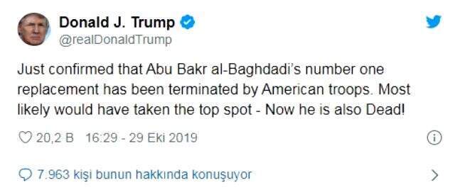 Son Dakika: ABD Başkanı Donald Trump: Bağdadi'nin yerine geçmesi muhtemel bir numaralı isim etkisiz hale getirildi