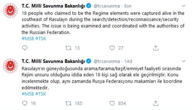 Son Dakika: MSB: Rasulayn'da arama faaliyeti sırasında Rejim unsuru olduğunu iddia eden 18 kişi sağ ele geçirildi