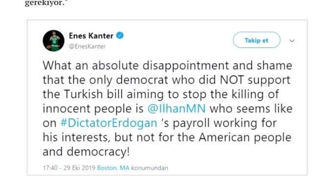 FETÖ'cü Enes Kanter'den, Türkiye karşıtı tasarıya karşı çıkan Müslüman temsilciye çirkin saldırı