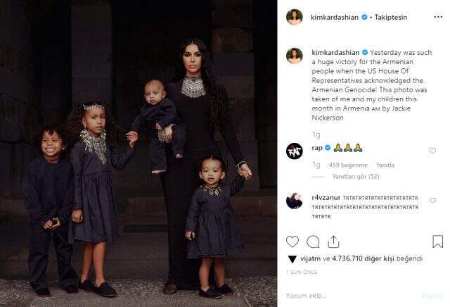 Kim Kardashian, sözde Ermeni soykırımını resmen tanınmasını 'Zafer' olarak nitelendirdi