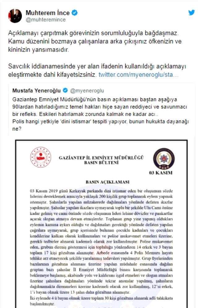 Bibergazlı polis müdahalesini Yeneroğlu tepki gösterdi, bakanlık cevap verdi
