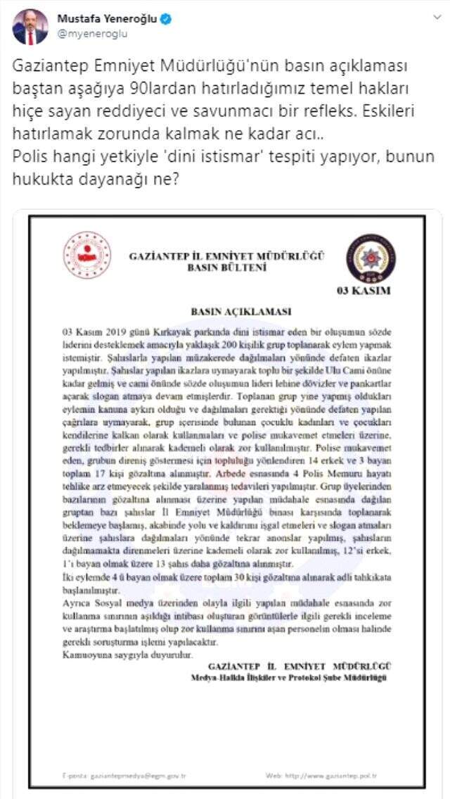 Bibergazlı polis müdahalesini Yeneroğlu tepki gösterdi, bakanlık cevap verdi