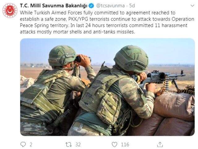 Son dakika: Barış Pınarı Harekatı bölgesine teröristler tarafından son 24 saatte 11 taciz saldırısı gerçekleştirildi