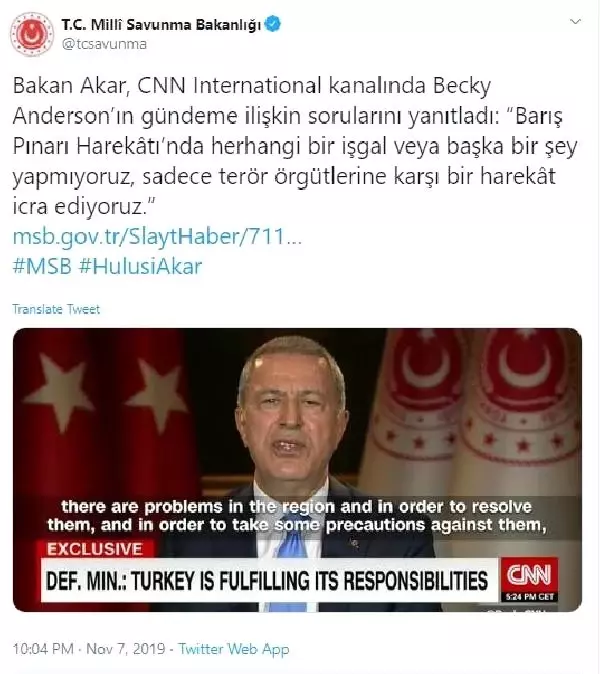 Bakan Akar: Barış Pınarı Harekatı, işgal veya müdahale değildir