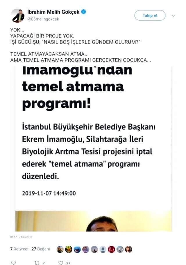 Melih Gökçek, İmamoğlu'na yönelik attığı 'Down sendromlu' tweetini sildi