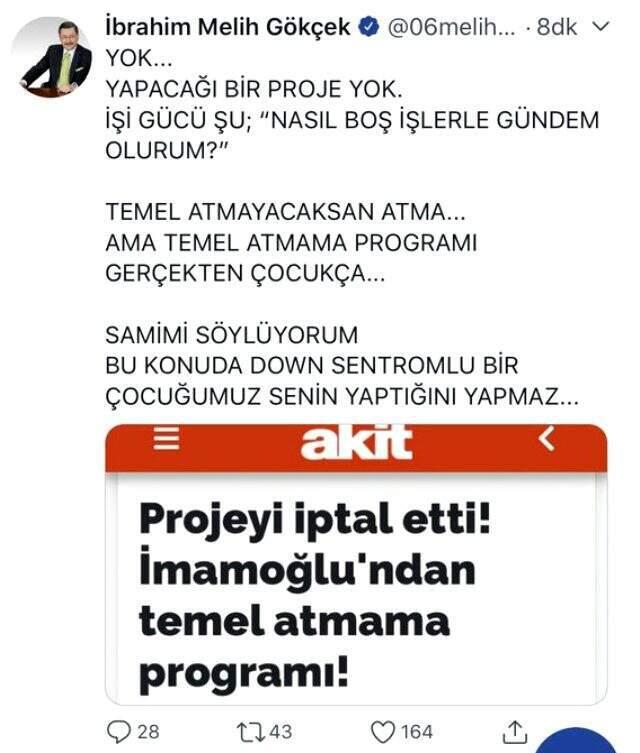 Melih Gökçek, İmamoğlu'na yönelik attığı 'Down sendromlu' tweetini sildi