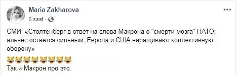 Zaharova bu kez NATO'yu Macron'un sözleriyle vurdu Zaharova bu kez NATO'yu Macron'un sözleriyle vurdu