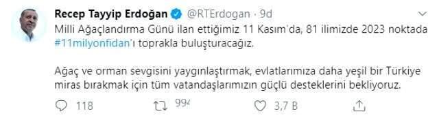 Cumhurbaşkanı Erdoğan: 11 Kasım'da 81 ilimizde 11 milyon fidanı toprakla buluşturacağız