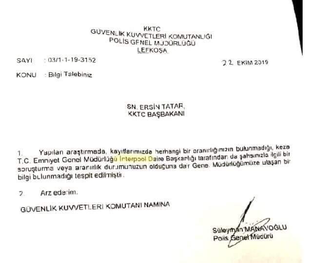 KKTC Başbakanı Ersin Tatar, Interpol'e 'Aranıyor muyum' diye sor