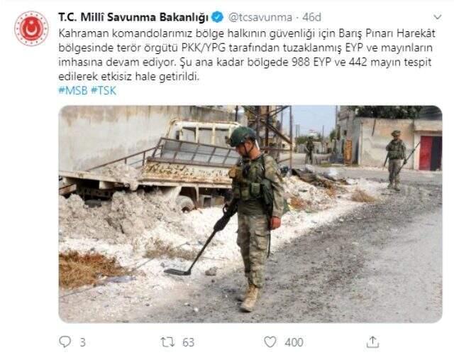 Barış Pınarı Harekatı bölgesinde 988 EYP ve 442 mayın etkisiz hale getirildi
